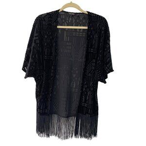 Velvet Thorn Womens Kimono Top Black Size Small Fringe Burnout Velvet Open Front